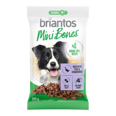 Briantos Mini Bones, training, graanvrij recept, eend met erwten en cranberries, zacht en smakelijk, zonder toegevoegde suiker, 200 g.